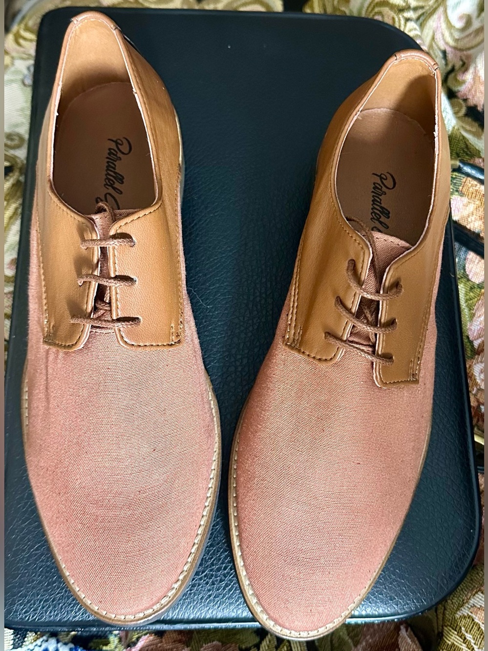 pair of two-tone pink and tan lace-up oxford flats from Parallel Shoes